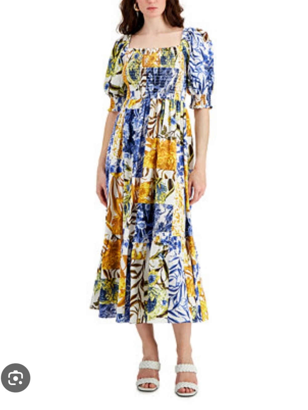 INC Puff Sleeve Blue & Yellow Floral Smocked Maxi Dress
